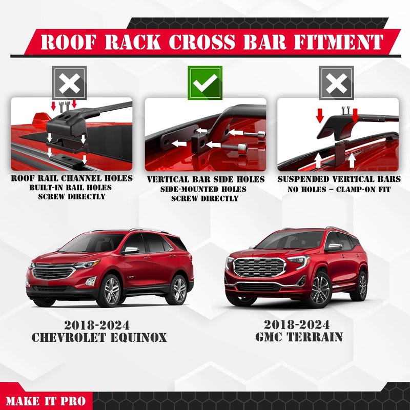 KitsPro أشرطة سقف قوية بسعة 260 رطل لسيارات شيفروليه إكوينوكس 2018-2024، جي إم سي تيرين 2018-2024 (تناسب فقط القضبان الجانبية المرتفعة من المصنع)، قضبان ألومنيوم ثقيلة الوزن باللون الأسود غير اللامع - Image 2